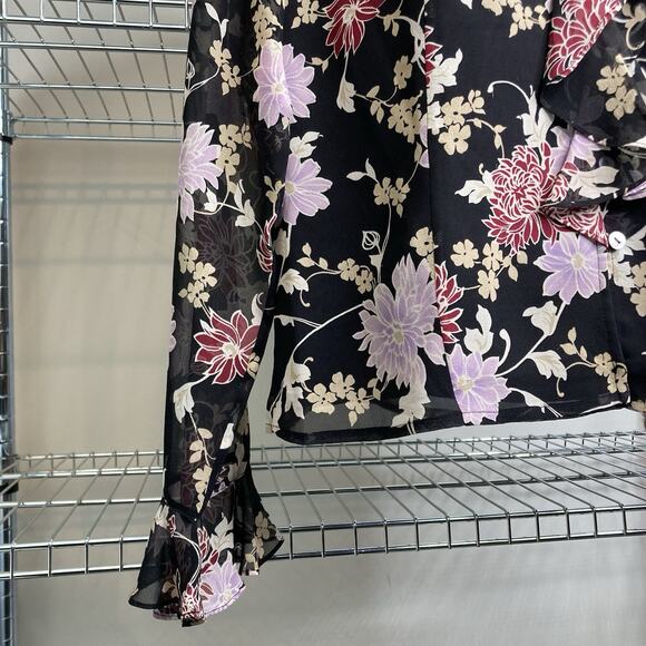 Laura Ashley Women's Dark Floral 100% Silk Blouse Size 8 Whimsigoth Moto Boho - Picture 10 of 12